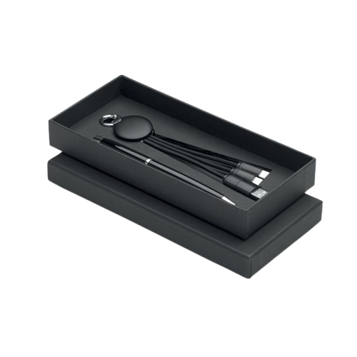 Geschenkset inclusief metalen blauwe inkt balpen en sleutelhanger met 2-in-1 oplaadkabel.