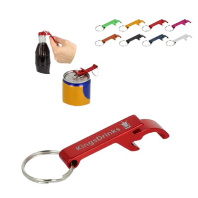 Aluminium sleutelhanger met gecombineerde fles- en blikopener.